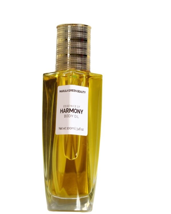Marula Green Beauty Essence of Harmony Body Oil 100ml bottle with gold cap on white background.