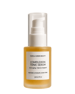 Hydrating golden facial serum swatches and liquid droplets of Marula Green Beauty Complexion Tonic Serum