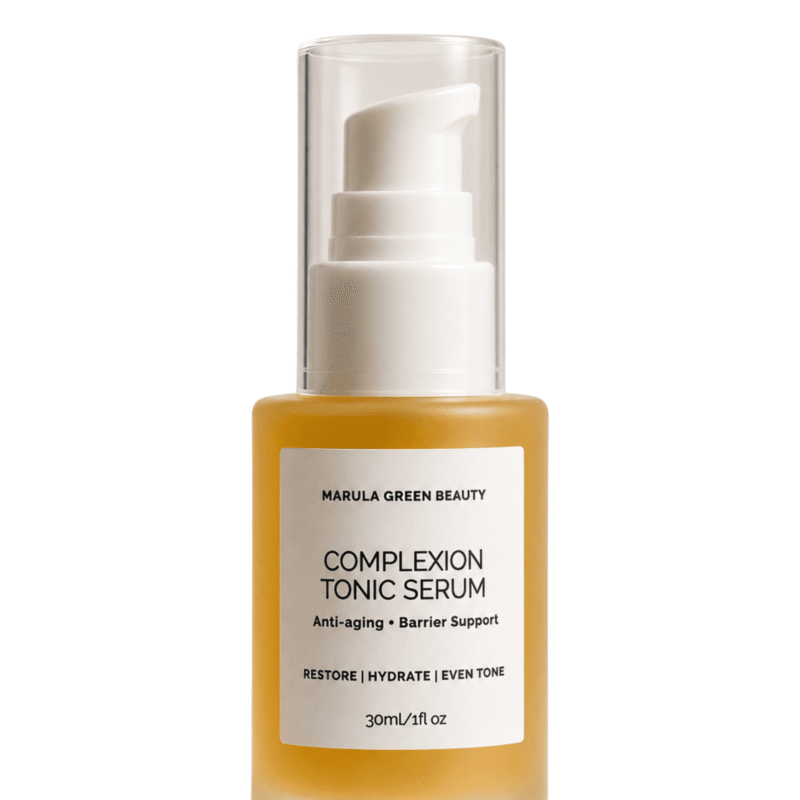 Hydrating golden facial serum swatches and liquid droplets of Marula Green Beauty Complexion Tonic Serum