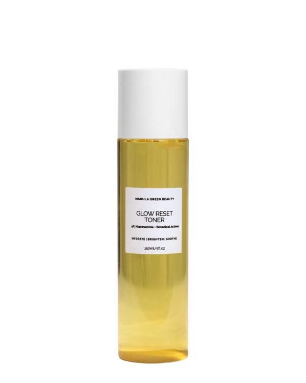 Studio photograph of Marula Green Beauty Glow Reset Toner 150ml bottle isolated on a solid white background.
