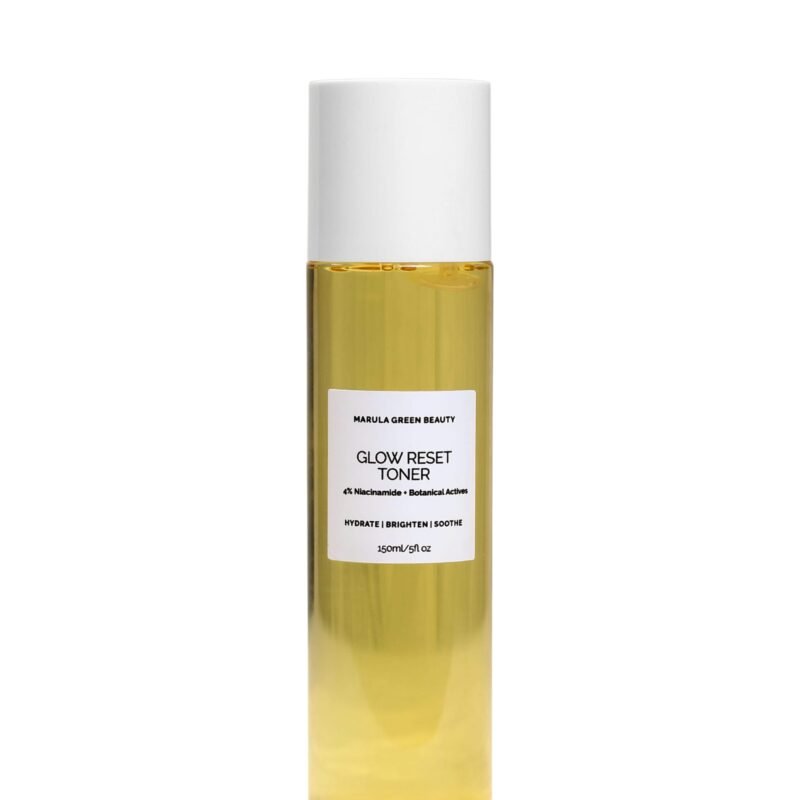 Studio photograph of Marula Green Beauty Glow Reset Toner 150ml bottle isolated on a solid white background.