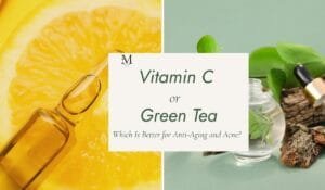A split-image of two ingredients, one composition visualising "Vitamin C or Green Tea.