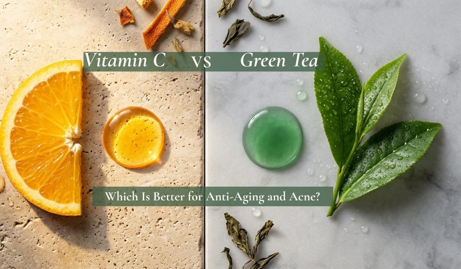 A split-image of two ingredients, one composition visualising "Vitamin C or Green Tea.