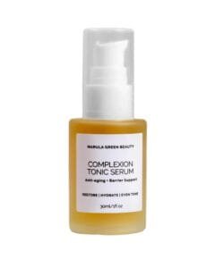 Hydrating golden facial serum swatches and liquid droplets of Marula Green Beauty Complexion Tonic Serum