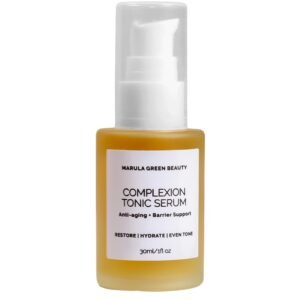 Hydrating golden facial serum swatches and liquid droplets of Marula Green Beauty Complexion Tonic Serum