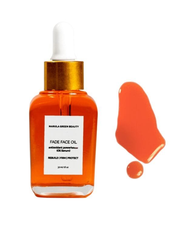 Fade Face Oil antioxidant powerhouse serum bottle alongside rich orange oil liquid swatch.