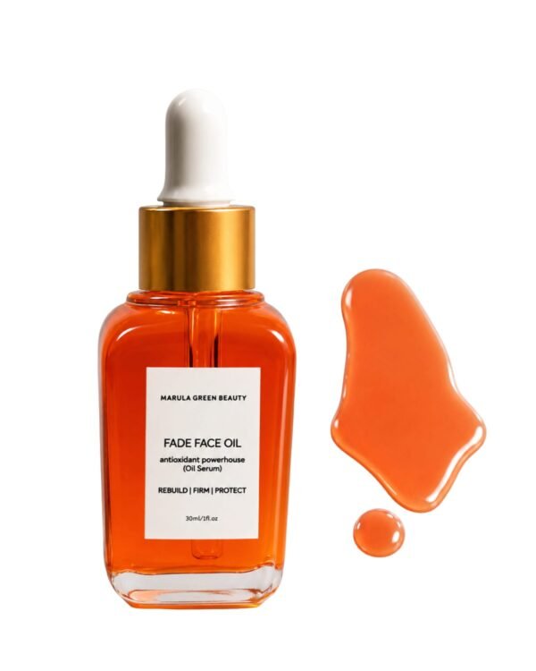Fade Face Oil antioxidant powerhouse serum bottle alongside rich orange oil liquid swatch