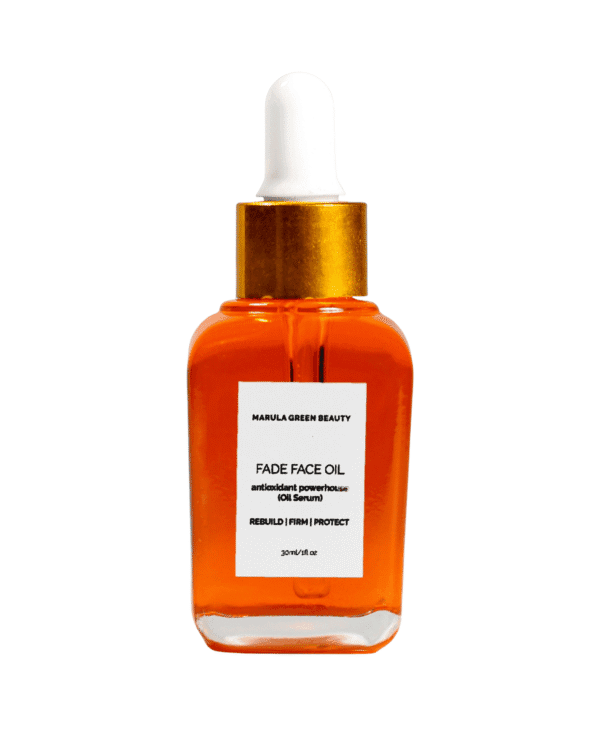 Marula Green Beauty Fade Face Oil serum bottle with gold dropper.