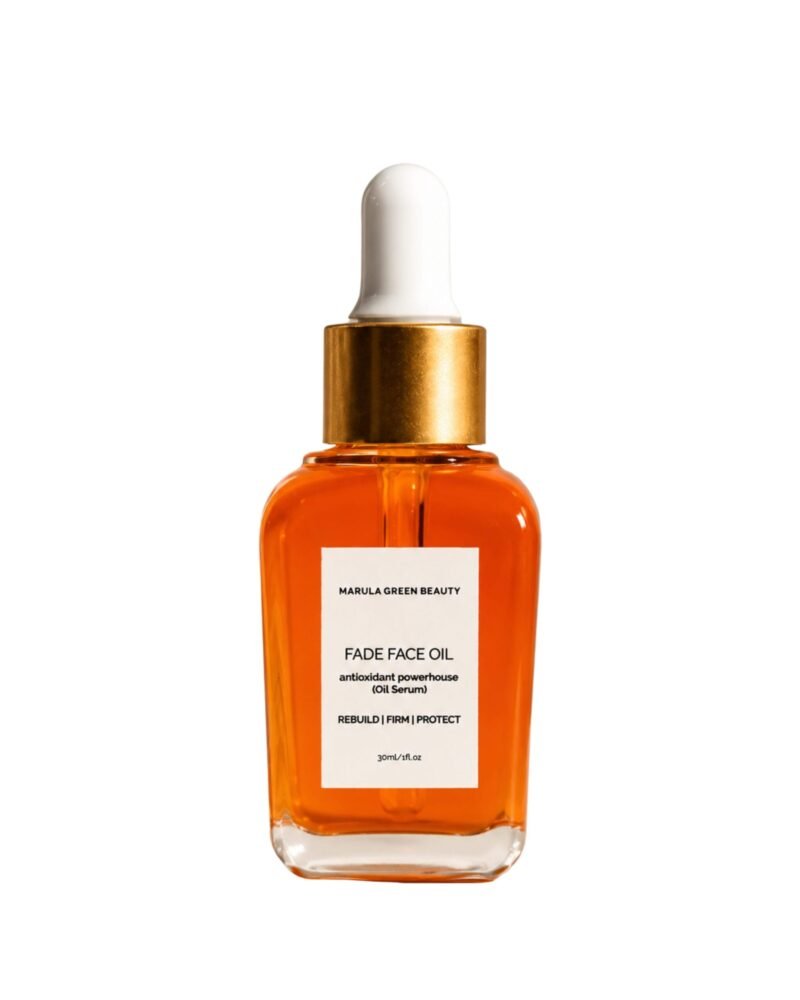 Marula Green Beauty Fade Face Oil serum bottle with gold dropper.