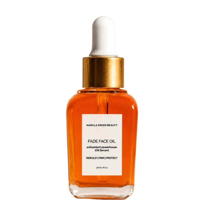 Marula Green Beauty Fade Face Oil serum bottle with gold dropper.