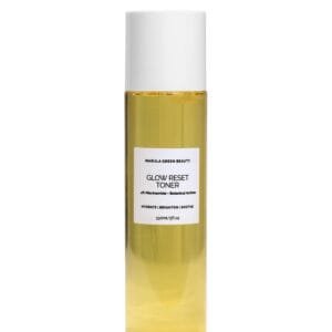Studio photograph of Marula Green Beauty Glow Reset Toner 150ml bottle isolated on a solid white background.