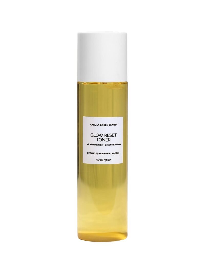 Studio photograph of Marula Green Beauty Glow Reset Toner 150ml bottle isolated on a solid white background.