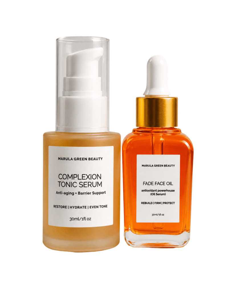 Marula Green Beauty facial skincare set featuring a 30ml frosted glass bottle of Complexion Tonic Serum with a white pump cap next to a 30ml clear glass bottle of golden Fade Face Oil with a dropper top.