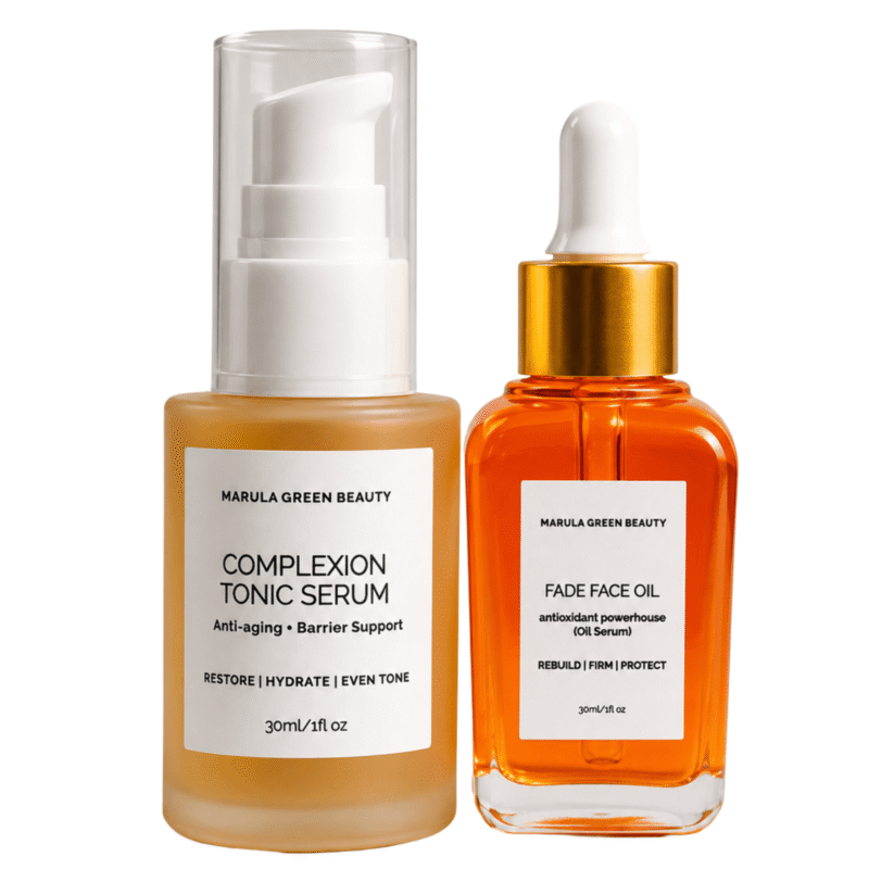 Marula Green Beauty facial skincare set featuring a 30ml frosted glass bottle of Complexion Tonic Serum with a white pump cap next to a 30ml clear glass bottle of golden Fade Face Oil with a dropper top.