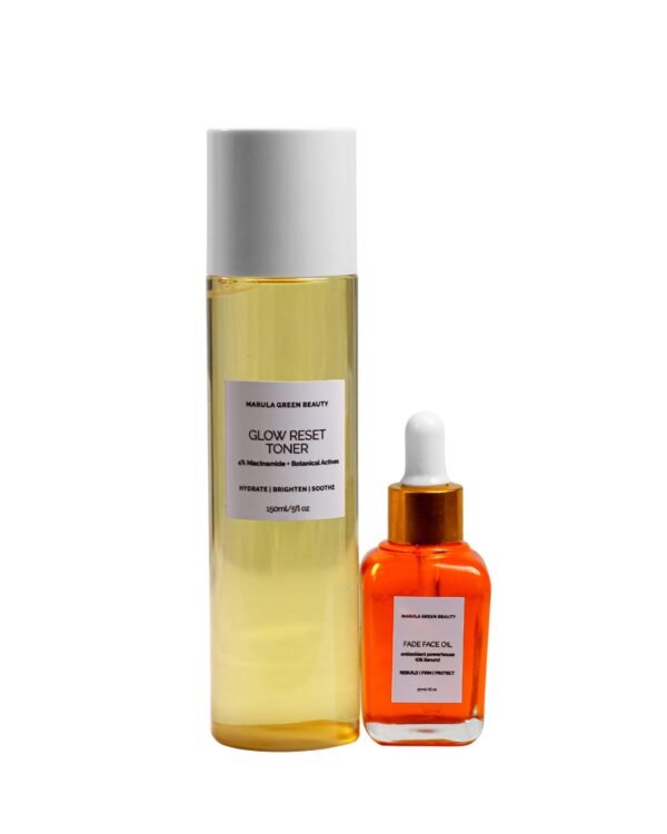 Marula Green Beauty Glow Reset Toner with 4% niacinamide and Fade Face Oil antioxidant serum for hydrated, even-toned, protected skin.