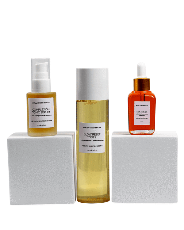 Marula Green Beauty Glow Reset skincare trio with toner, serum and face oil