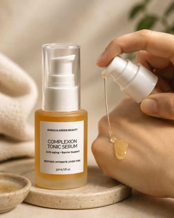 Marula Green Beauty Complexion Tonic Serum for anti-aging, barrier support and even skin tone, shown being applied to the hand.