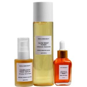 Marula Green Beauty skincare trio including Glow Reset Toner, Complexion Tonic Serum, and Fade Face Oil lined up side-by-side on a clean white surface with minimal drop shadows.
