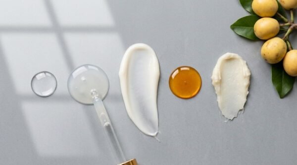 Flatlay of five skincare swatches ordered from thinnest liquid to thickest balm on a grey stone surface, alongside fresh marula fruits and a glass dropper.