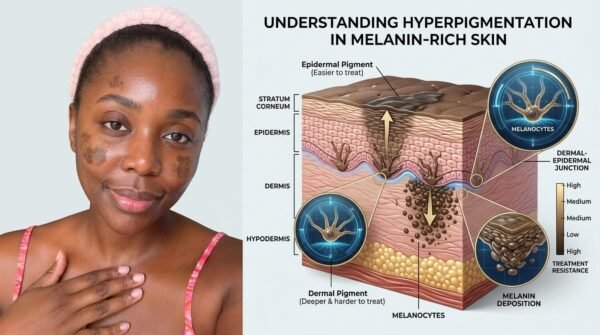 An educational graphic that pairs a real-world portrait with a 3D anatomical diagram to illustrate how hyperpigmentation forms at different skin depths in melanin-rich skin. Features a Black woman wearing a pink plush headband and patterned top. Displays realistic hyperpigmentation patches across her cheek and upper forehead area to visually ground the science.