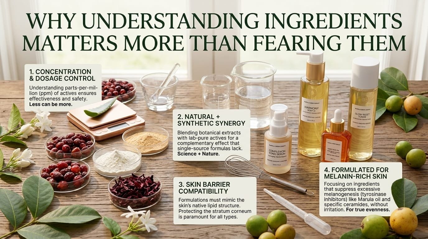 Science & Nature in Harmony: By placing raw botanical ingredients (hibiscus, rosehip, aloe) side-by-side with scientific laboratory tools (beakers, droppers, precision scales), the image visually dispels the myth that "chemical" and "natural" are opposites.