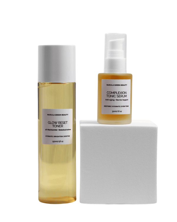 Marula Green Beauty Glow Reset Duo — Glow Reset Toner (150ml) standing beside the Complexion Tonic Serum (30ml), which sits elevated on a white pedestal against a clean white background.