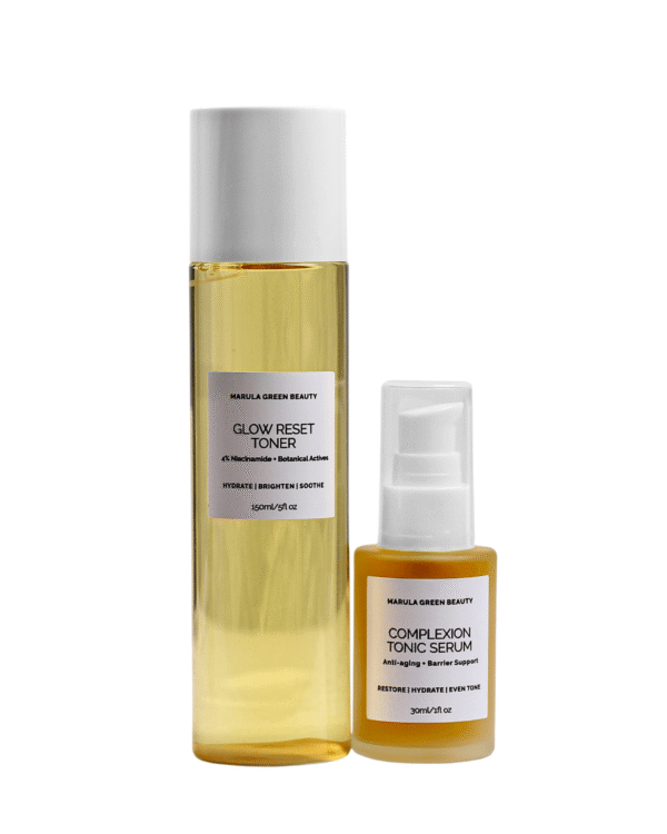 Marula Green Beauty Glow Reset Duo — Glow Reset Toner (150ml) and Complexion Tonic Serum (30ml) shown side by side against a plain white background.