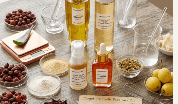 Skincare ingredients and formulation tools arranged together, representing a formulator's approach to skincare for melanin-rich skin.