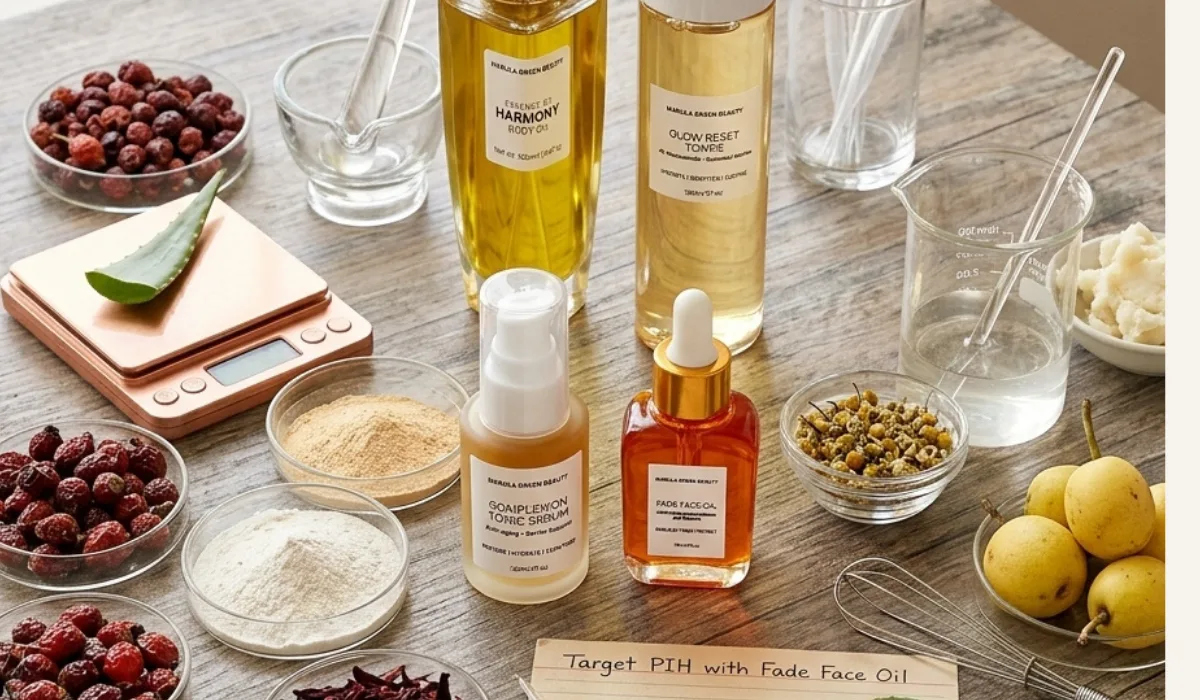 Skincare ingredients and formulation tools arranged together, representing a formulator's approach to skincare for melanin-rich skin.