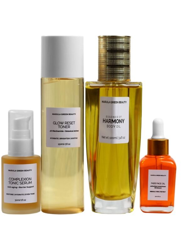 Marula Green Beauty The Complete Ritual set — Complexion Tonic Serum (30ml), Glow Reset Toner (150ml), Essence of Harmony Body Oil (100ml), and Fade Face Oil (30ml) arranged side by side against a plain white background.