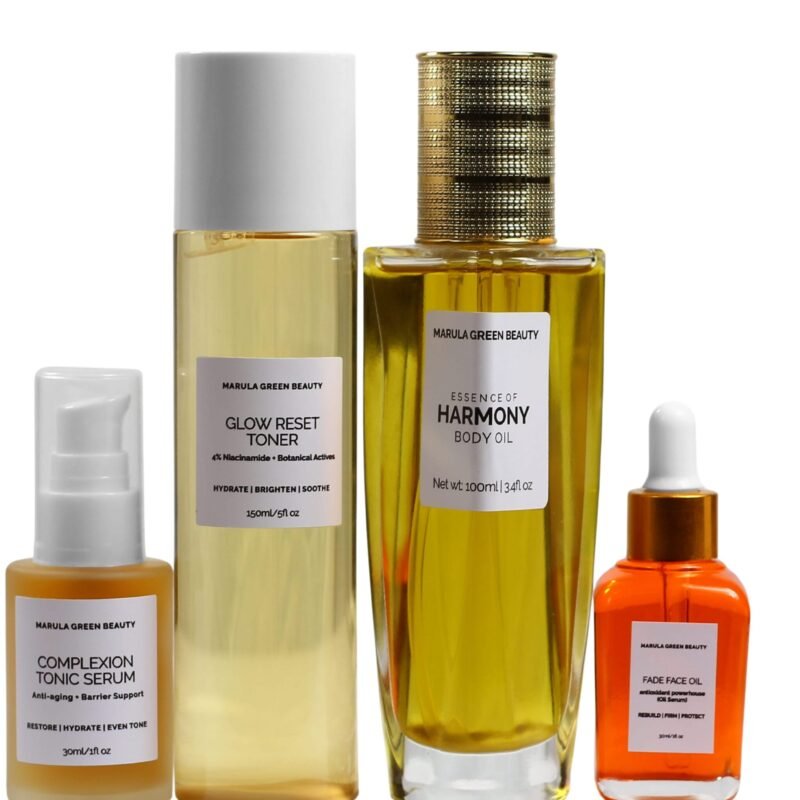 Marula Green Beauty The Complete Ritual set — Complexion Tonic Serum (30ml), Glow Reset Toner (150ml), Essence of Harmony Body Oil (100ml), and Fade Face Oil (30ml) arranged side by side against a plain white background.