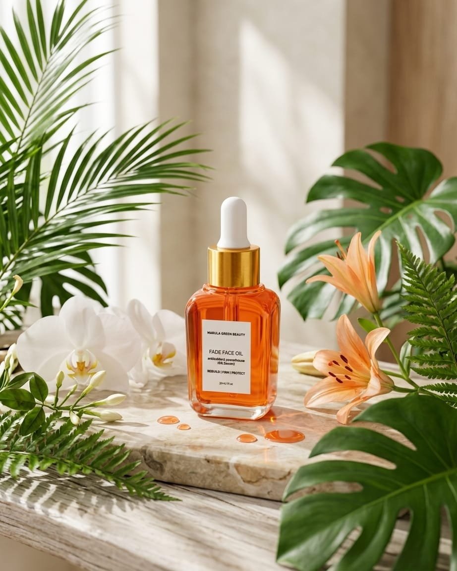 Fade Face oil bottle nestled among fresh botanical ingredients, green leaves, and delicate flowers, completely free of any text.